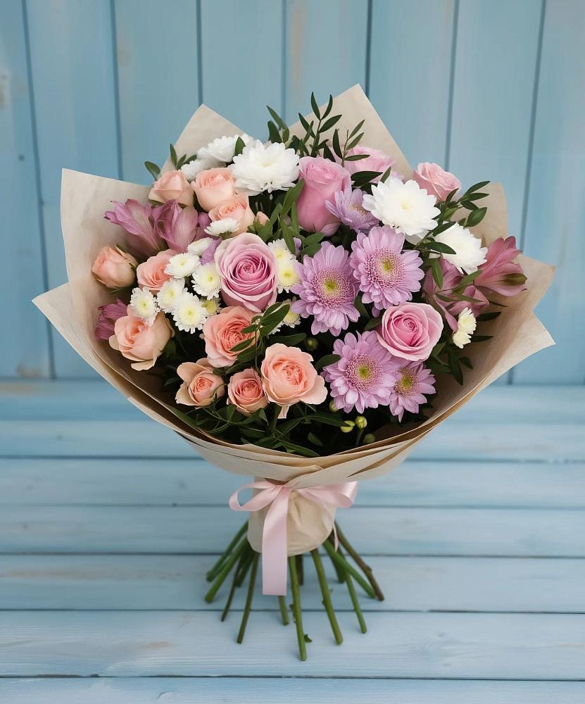 Букет цветов из: Хризантемы, Розы и Альстромерии в Октябрьский Тульская область