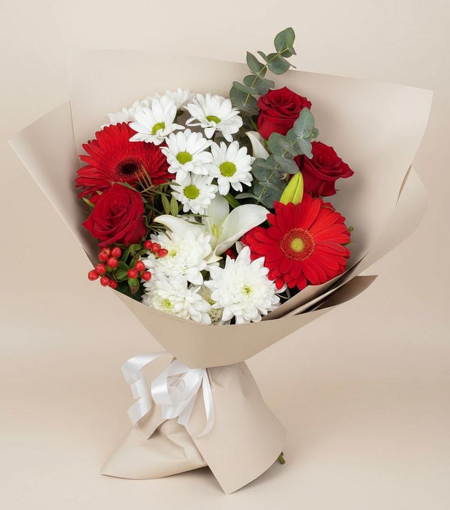 Букет цветов из: Розы, Хризантемы, Герберы и Лилии в Октябрьский Тульская область