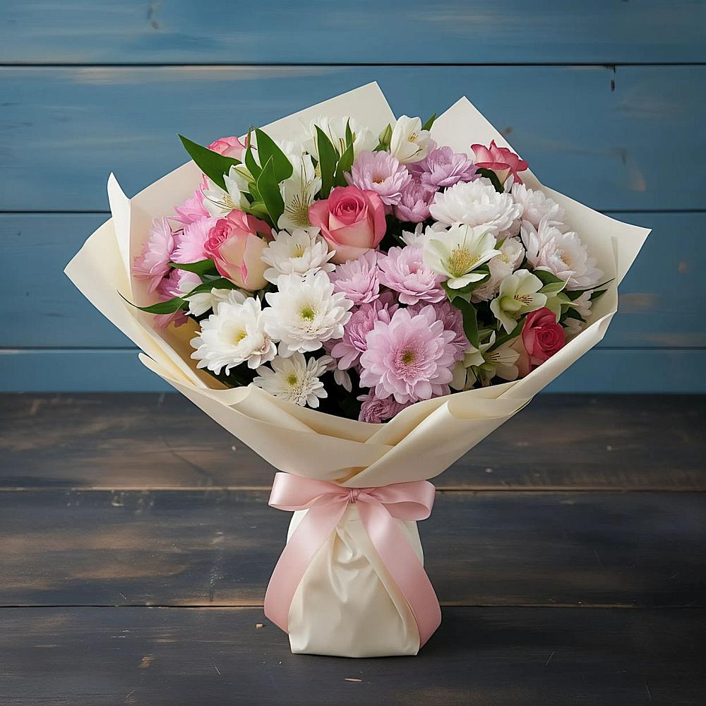 Букет цветов из: Хризантемы, Альстромерии и Розы в Октябрьский Тульская область